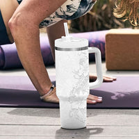 American Samoa White Sunday Tumbler With Handle Polynesian Pattern With Tropical Flowers