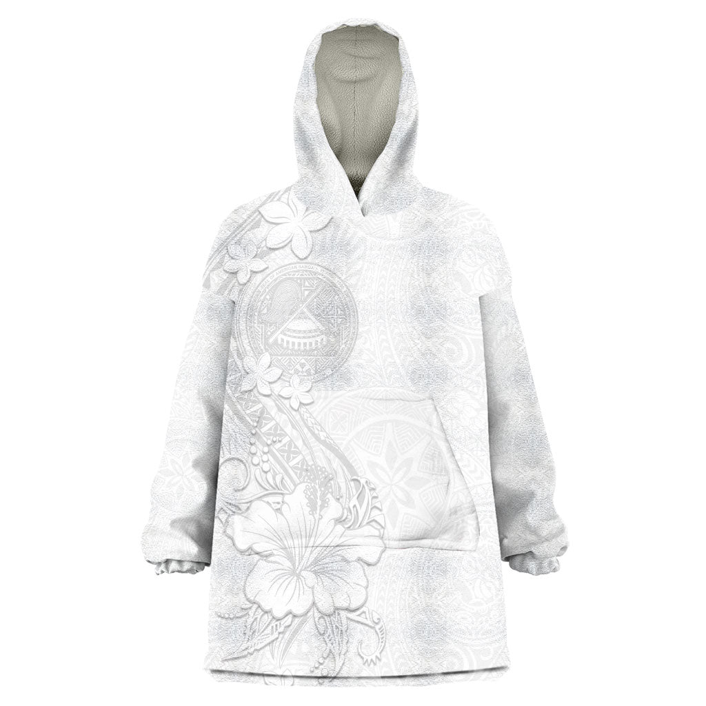 American Samoa White Sunday Wearable Blanket Hoodie Polynesian Pattern With Tropical Flowers