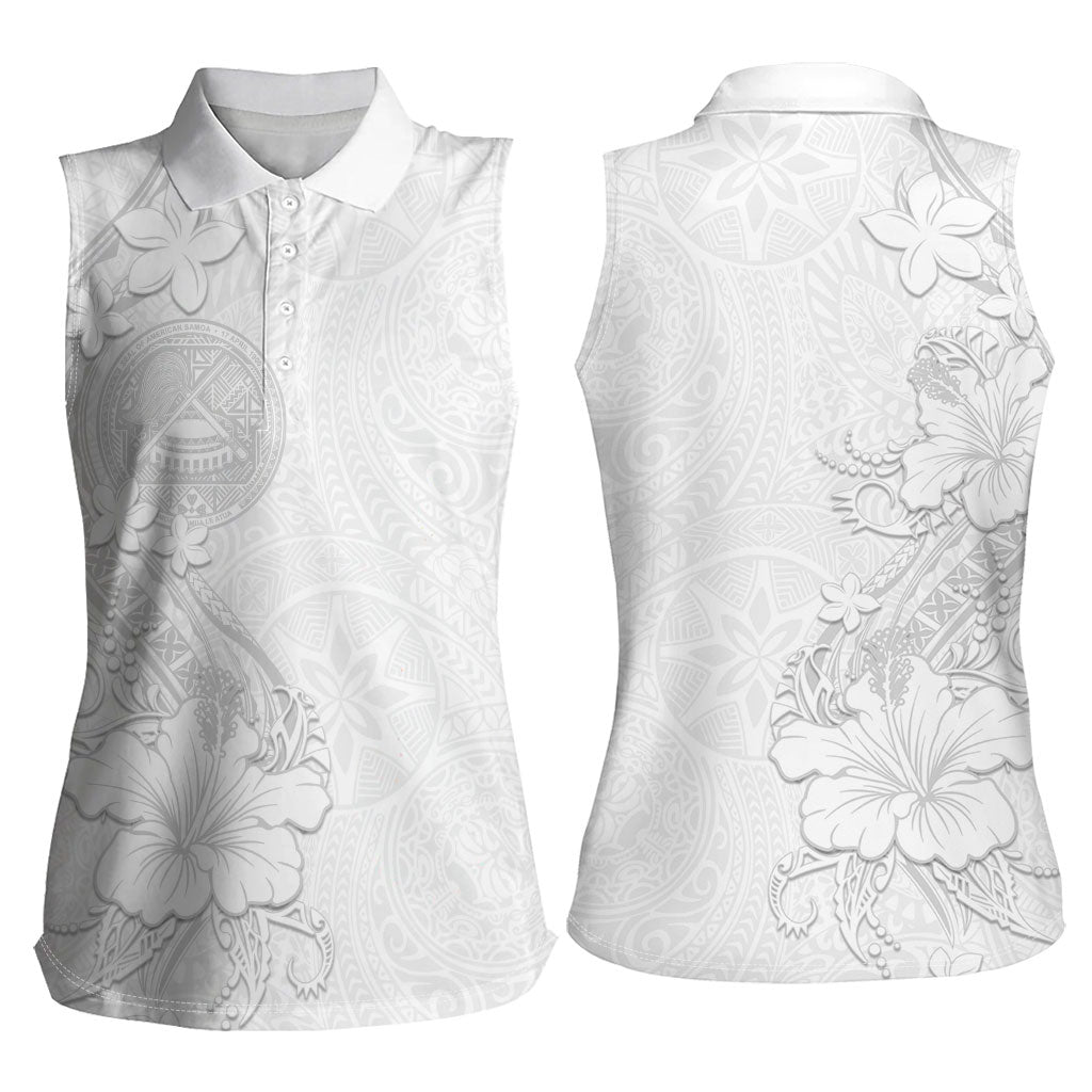 American Samoa White Sunday Women Sleeveless Polo Shirt Polynesian Pattern With Tropical Flowers