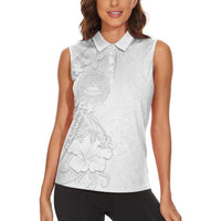 American Samoa White Sunday Women Sleeveless Polo Shirt Polynesian Pattern With Tropical Flowers