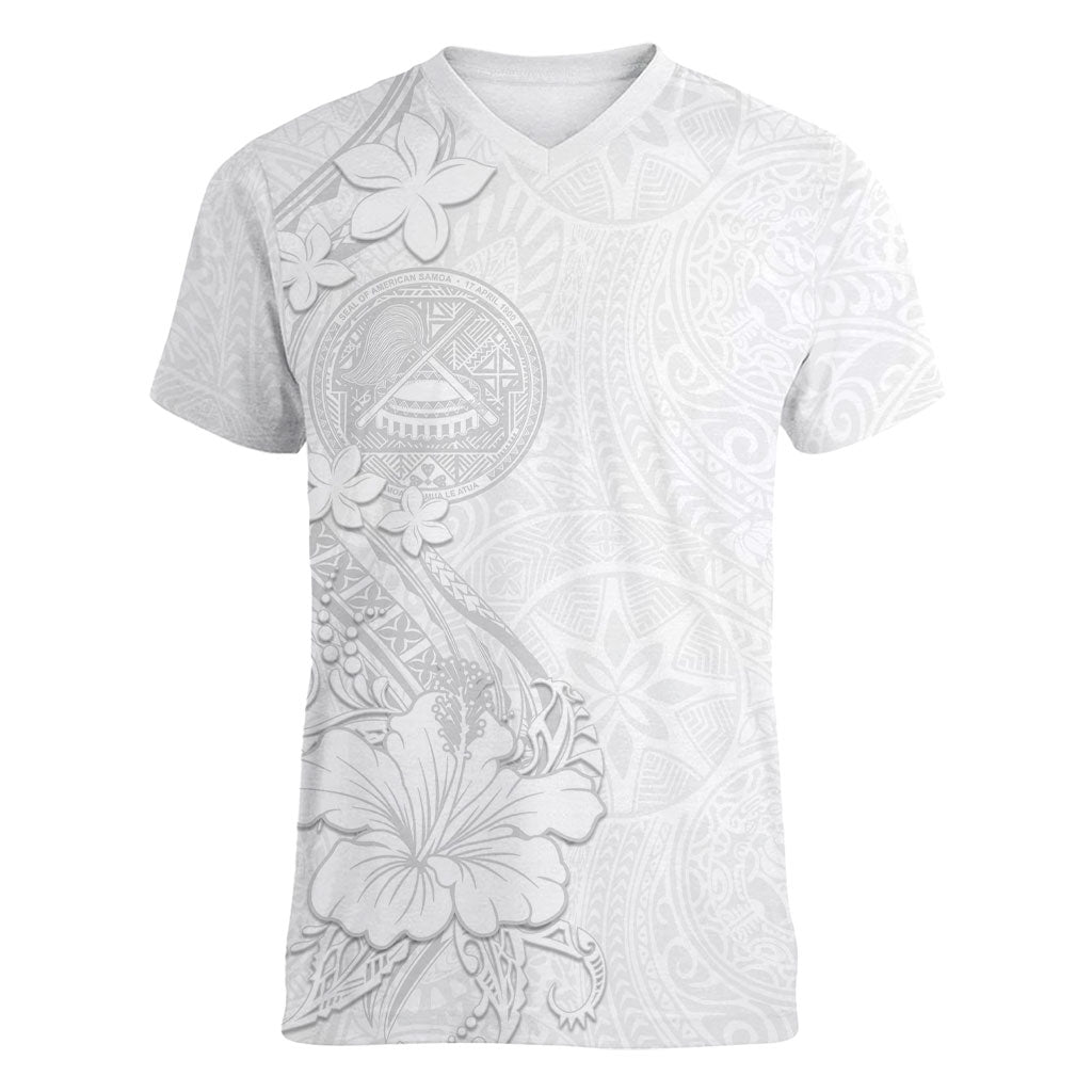 American Samoa White Sunday Women V-Neck T-Shirt Polynesian Pattern With Tropical Flowers