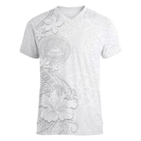 American Samoa White Sunday Women V-Neck T-Shirt Polynesian Pattern With Tropical Flowers