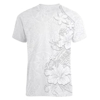 American Samoa White Sunday Women V-Neck T-Shirt Polynesian Pattern With Tropical Flowers