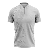 American Samoa White Sunday Zipper Polo Shirt Polynesian Pattern With Tropical Flowers