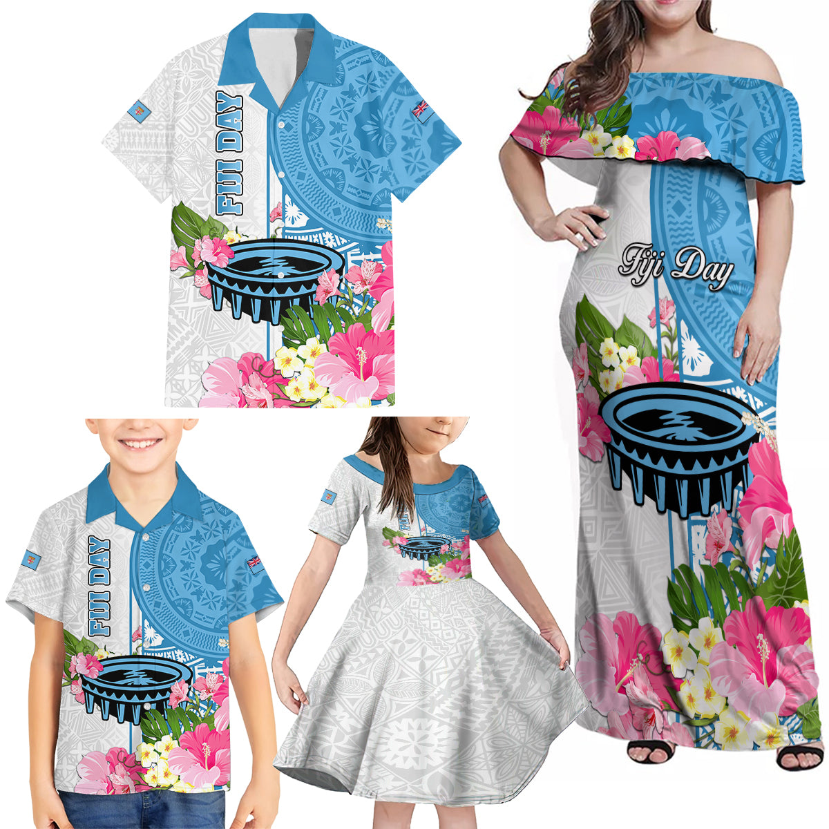 Fiji Day Family Matching Off Shoulder Maxi Dress and Hawaiian Shirt Tanoa Hibiscus Fijian Tapa Masi Pattern LT05 - Polynesian Pride