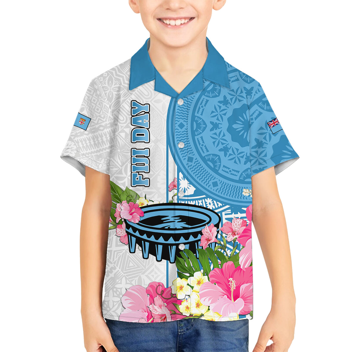 Fiji Day Family Matching Off Shoulder Maxi Dress and Hawaiian Shirt Tanoa Hibiscus Fijian Tapa Masi Pattern LT05 Son's Shirt White - Polynesian Pride