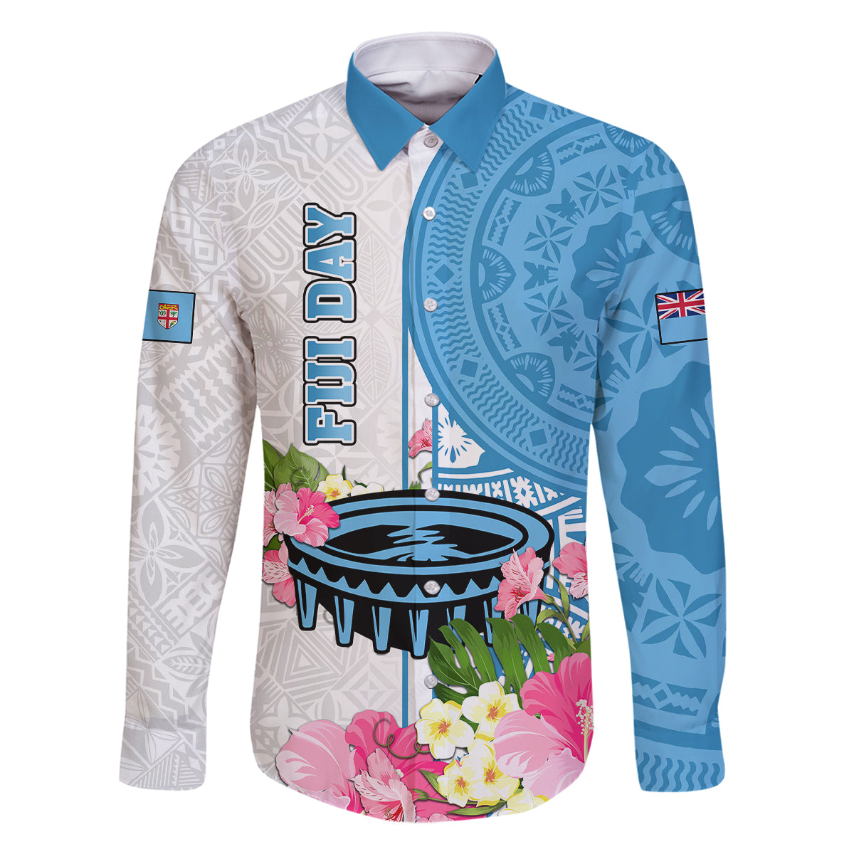 Fiji Day Family Matching Summer Maxi Dress and Hawaiian Shirt Tanoa Hibiscus Fijian Tapa Masi Pattern LT05 Dad's Shirt - Long Sleeve White - Polynesian Pride