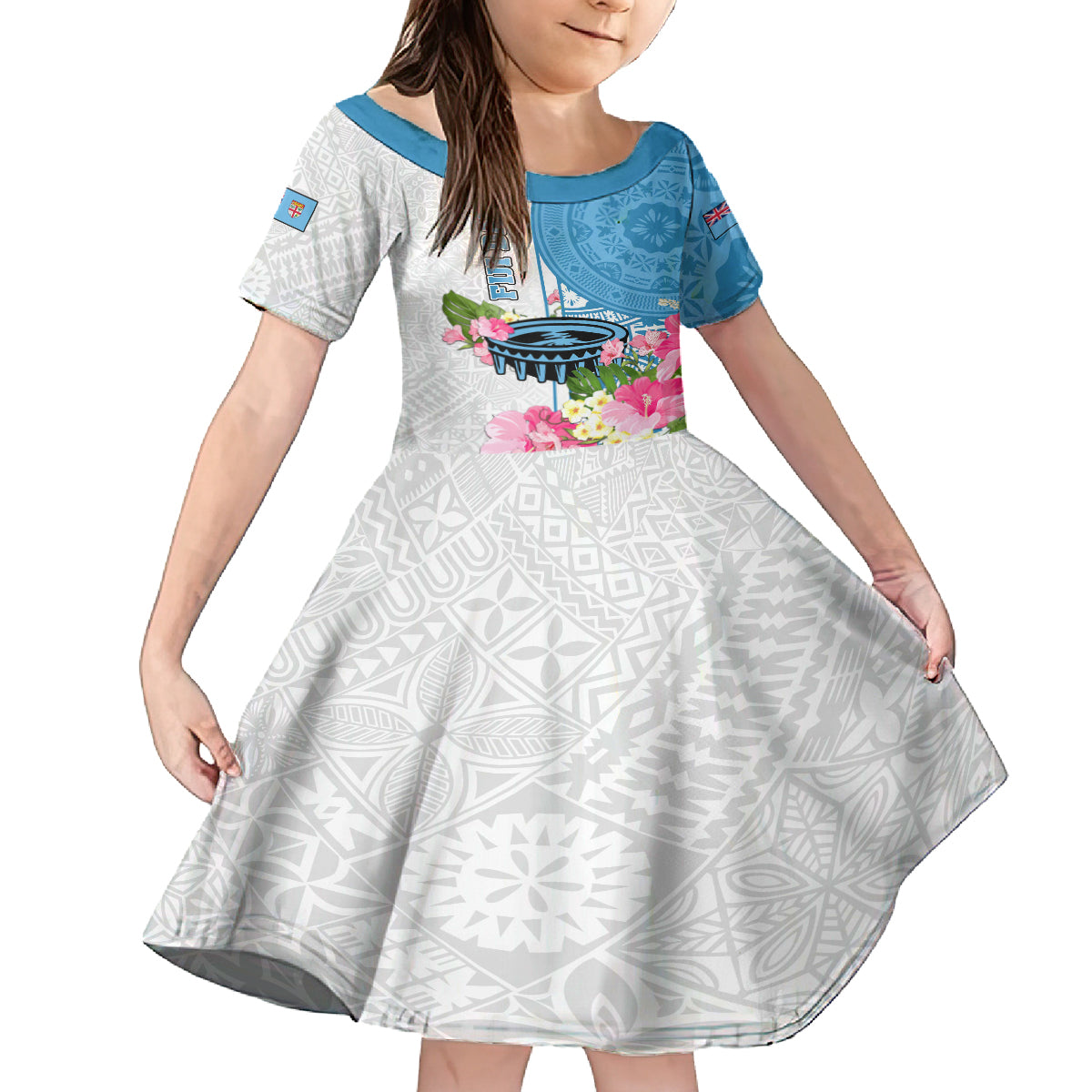 Fiji Day Family Matching Tank Maxi Dress and Hawaiian Shirt Tanoa Hibiscus Fijian Tapa Masi Pattern LT05 Daughter's Dress White - Polynesian Pride