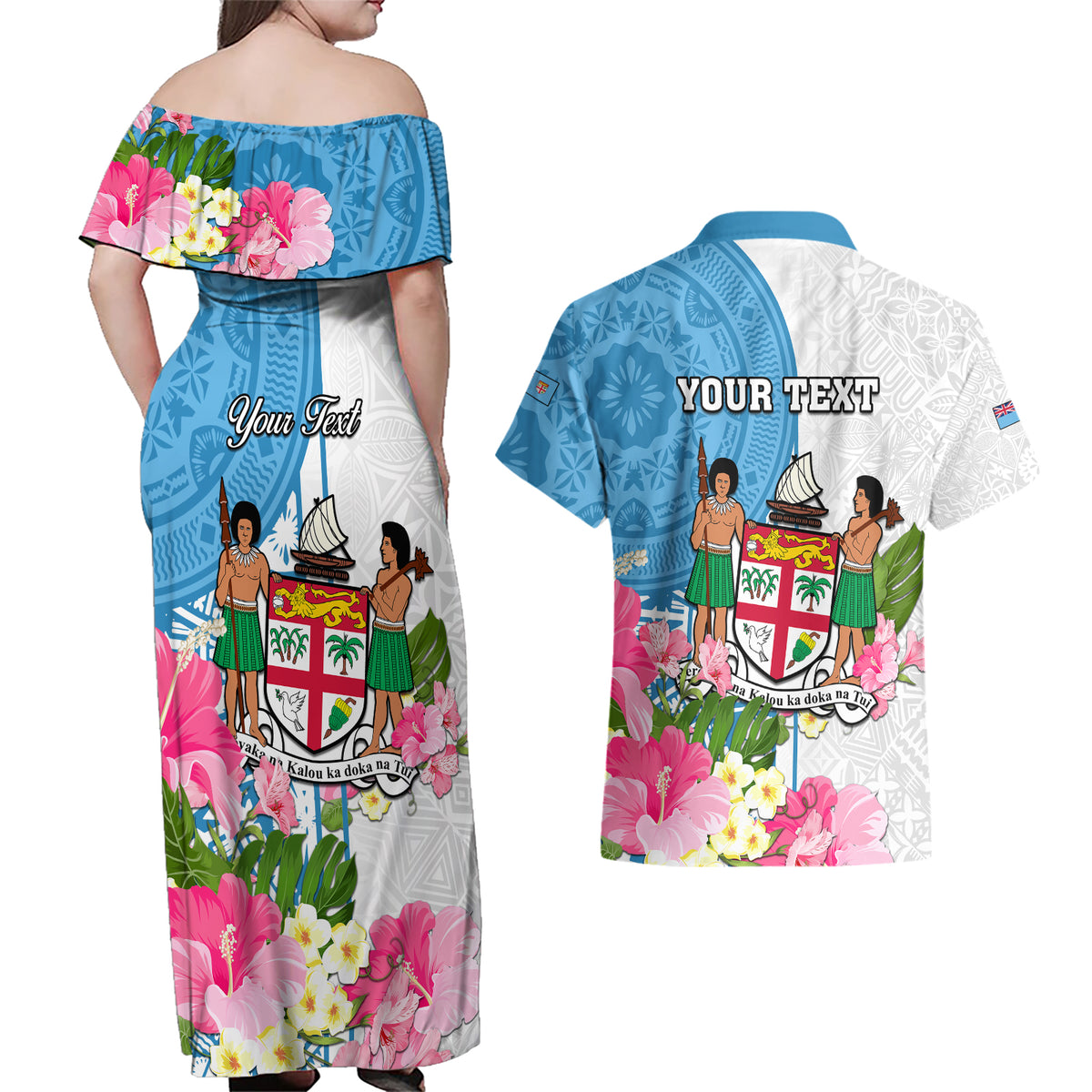 Personalized Fiji Day Couples Matching Off Shoulder Maxi Dress and Hawaiian Shirt Tanoa Hibiscus Fijian Tapa Masi Pattern LT05 - Polynesian Pride