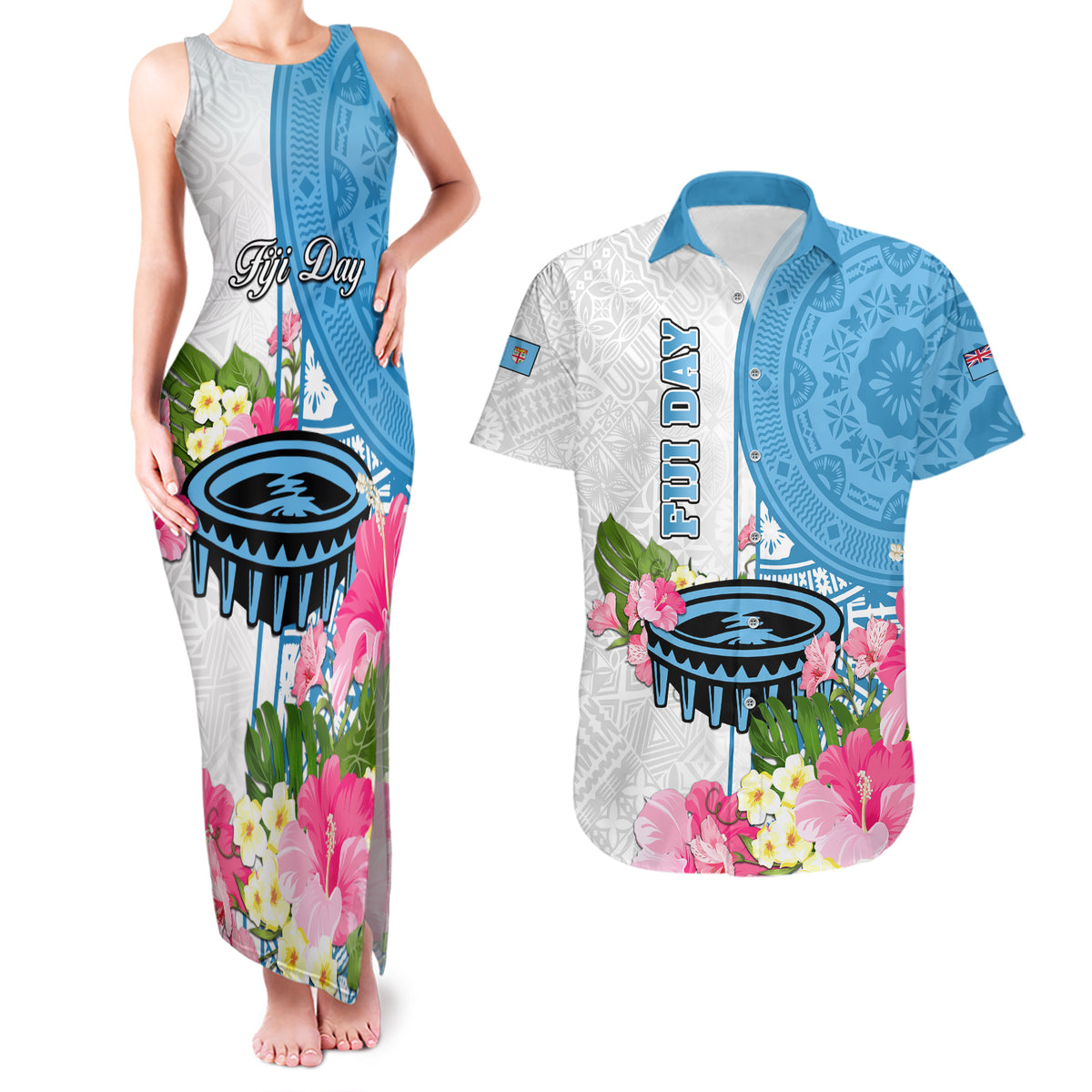 Personalized Fiji Day Couples Matching Tank Maxi Dress and Hawaiian Shirt Tanoa Hibiscus Fijian Tapa Masi Pattern LT05 White - Polynesian Pride