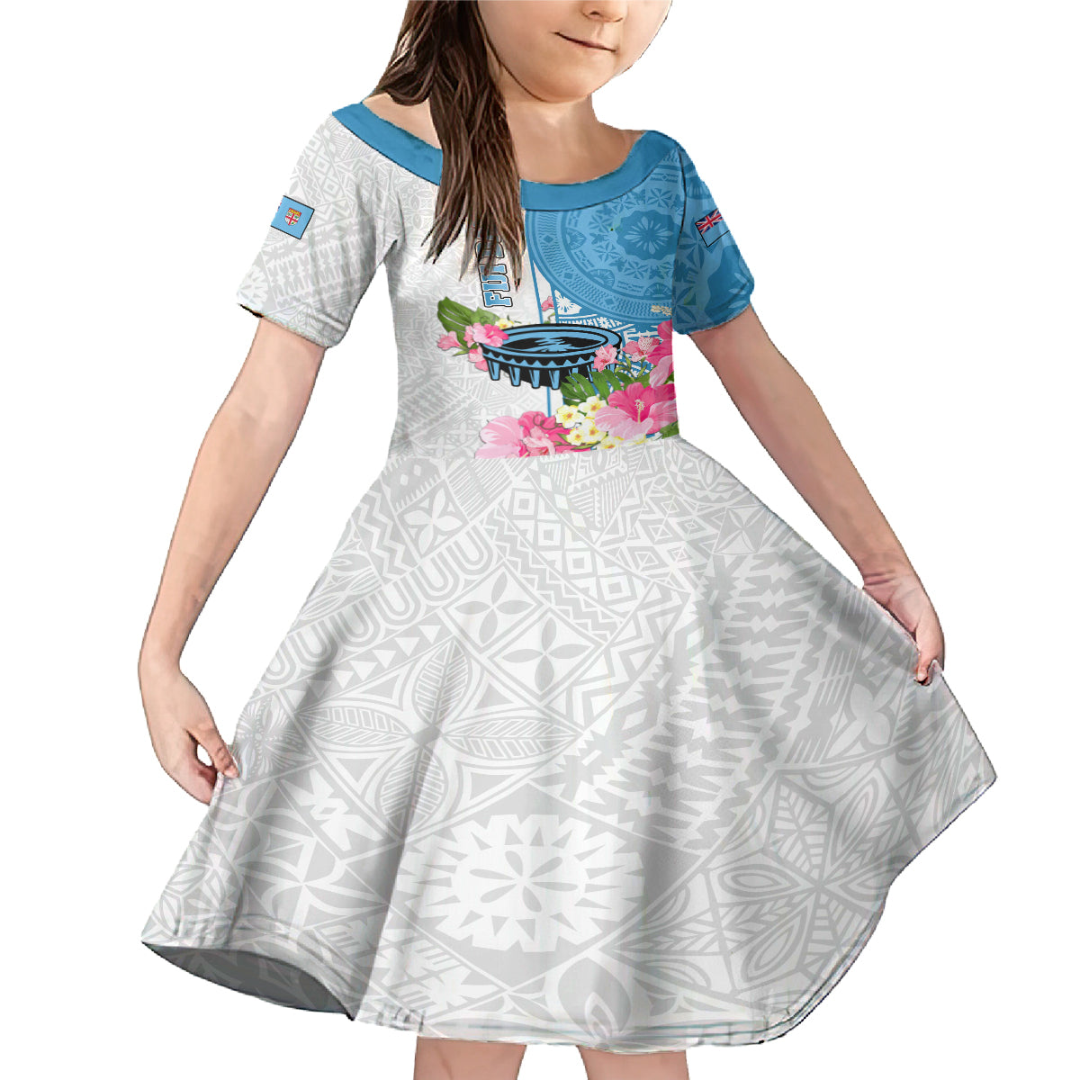 Personalized Fiji Day Family Matching Mermaid Dress and Hawaiian Shirt Tanoa Hibiscus Fijian Tapa Masi Pattern LT05 Daughter's Dress White - Polynesian Pride