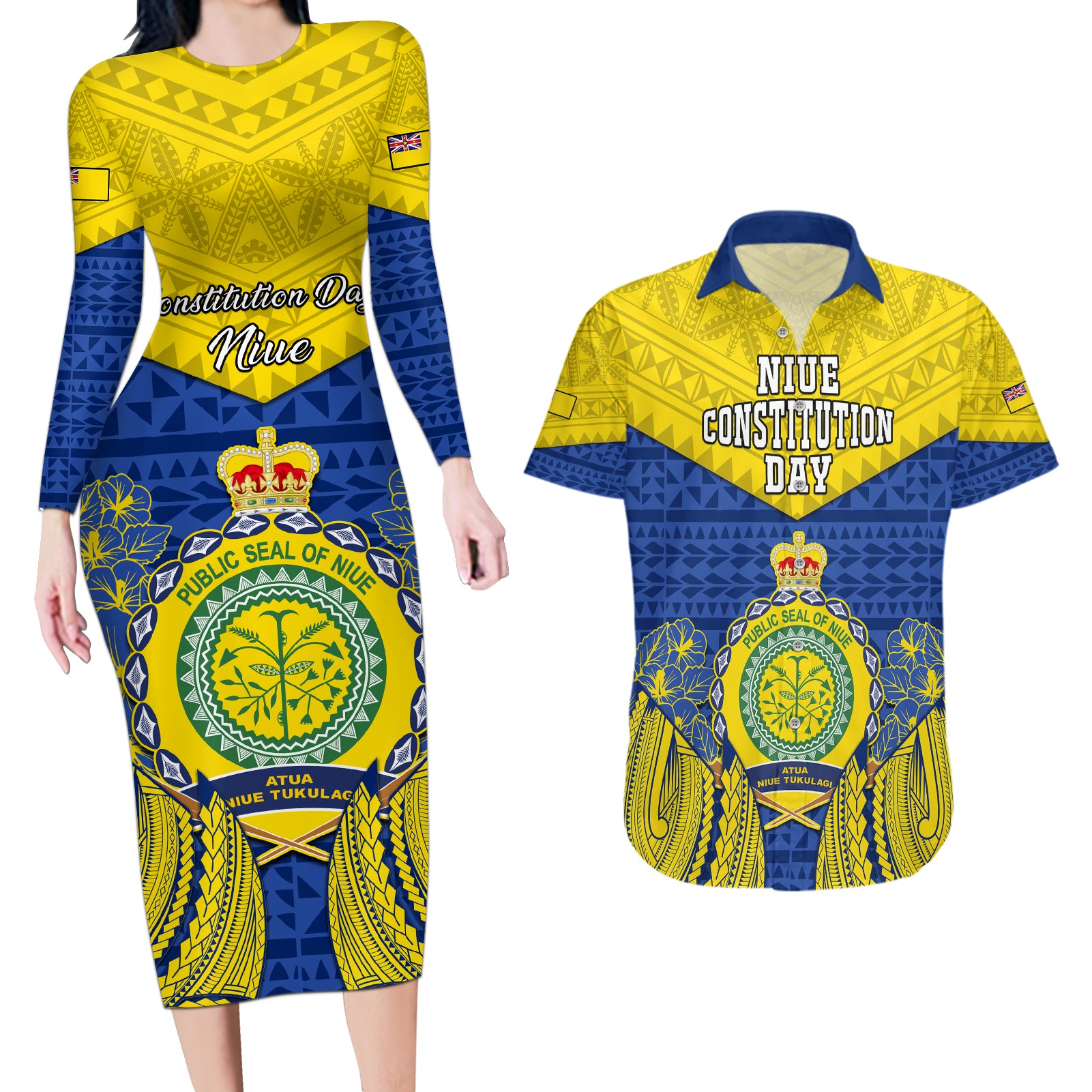 niue-constitution-day-couples-matching-long-sleeve-bodycon-dress-and-hawaiian-shirt-coat-of-arms-niuean-hiapo-pattern