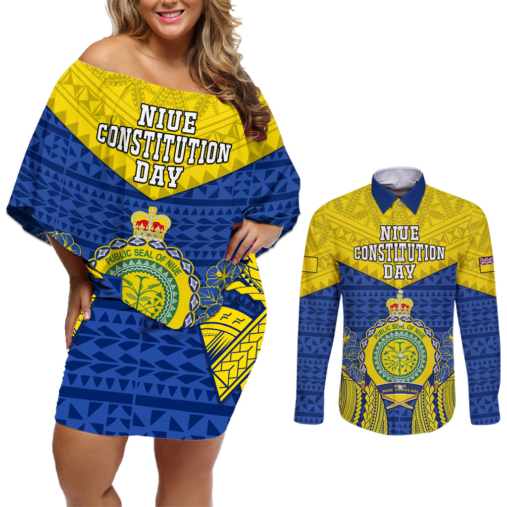 niue-constitution-day-couples-matching-off-shoulder-short-dress-and-long-sleeve-button-shirts-coat-of-arms-niuean-hiapo-pattern