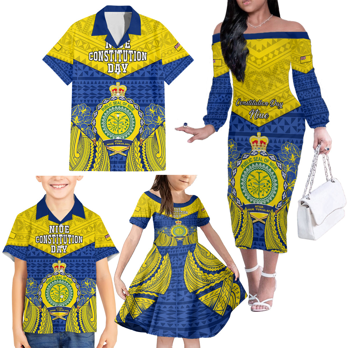 niue-constitution-day-family-matching-off-shoulder-long-sleeve-dress-and-hawaiian-shirt-coat-of-arms-niuean-hiapo-pattern