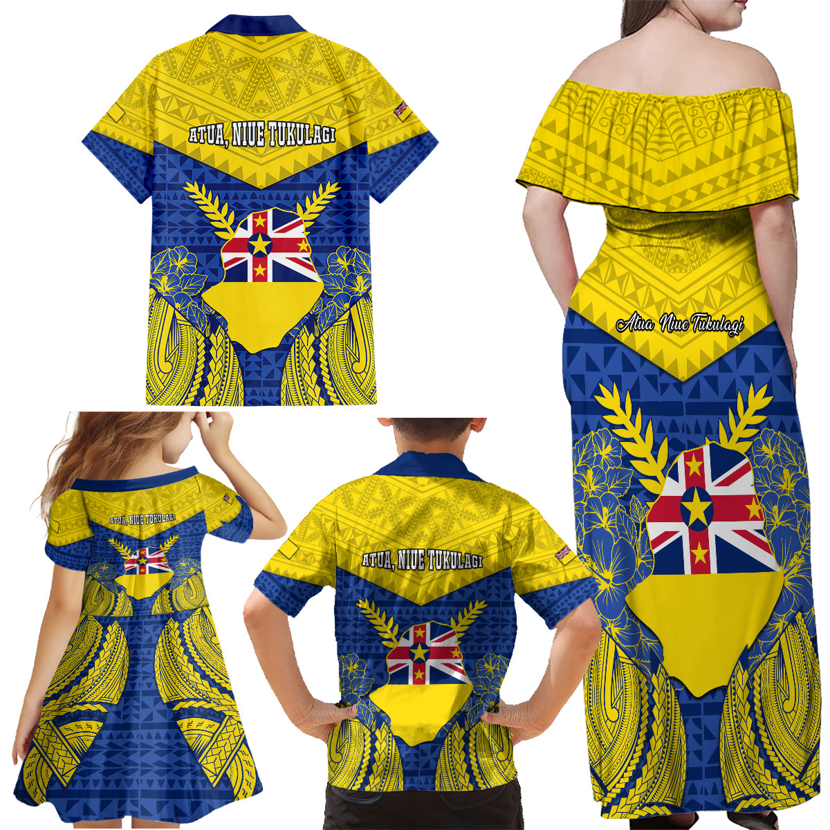 niue-constitution-day-family-matching-off-shoulder-maxi-dress-and-hawaiian-shirt-coat-of-arms-niuean-hiapo-pattern