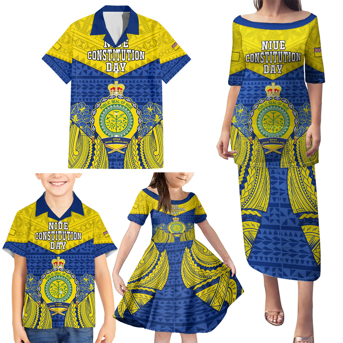 Niue Constitution Day Family Matching Puletasi Dress and Hawaiian Shirt Coat Of Arms Niuean Hiapo Pattern LT05 - Polynesian Pride