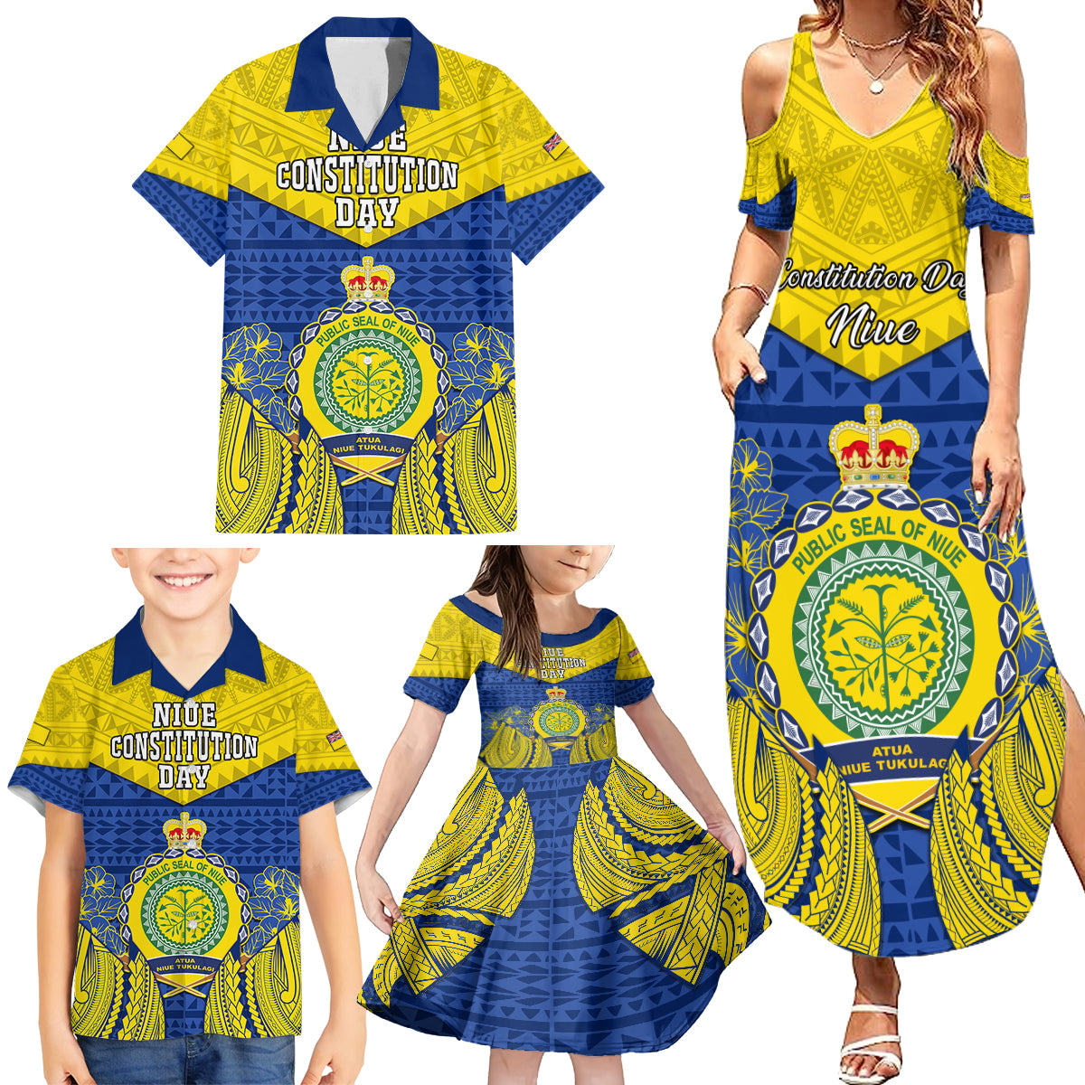 niue-constitution-day-family-matching-summer-maxi-dress-and-hawaiian-shirt-coat-of-arms-niuean-hiapo-pattern