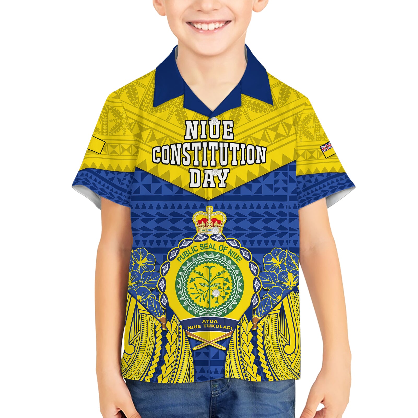 niue-constitution-day-kid-hawaiian-shirt-coat-of-arms-niuean-hiapo-pattern