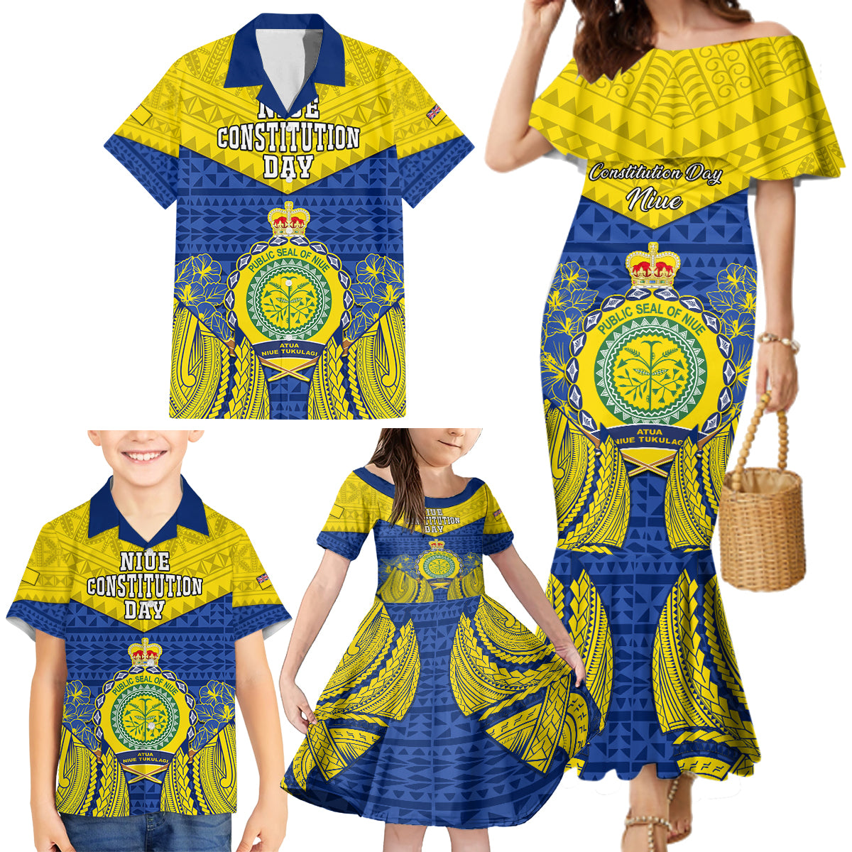 Personalized Niue Constitution Day Family Matching Mermaid Dress and Hawaiian Shirt Coat Of Arms Niuean Hiapo Pattern LT05 - Polynesian Pride