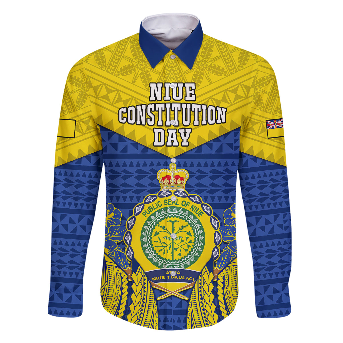 Personalized Niue Constitution Day Family Matching Off Shoulder Short Dress and Hawaiian Shirt Coat Of Arms Niuean Hiapo Pattern LT05 Dad's Shirt - Long Sleeve Yellow - Polynesian Pride