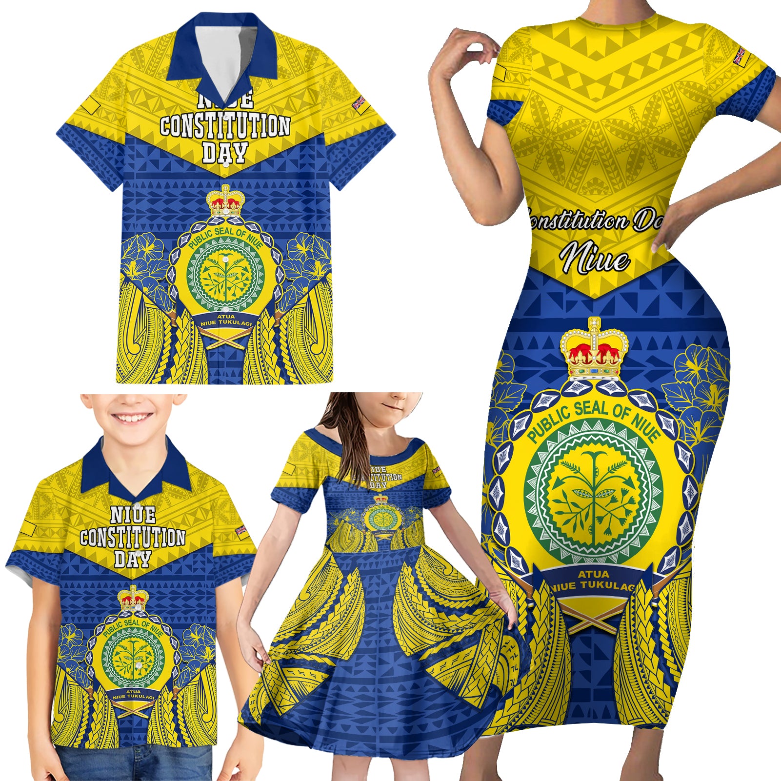 Personalized Niue Constitution Day Family Matching Short Sleeve Bodycon Dress and Hawaiian Shirt Coat Of Arms Niuean Hiapo Pattern LT05 - Polynesian Pride