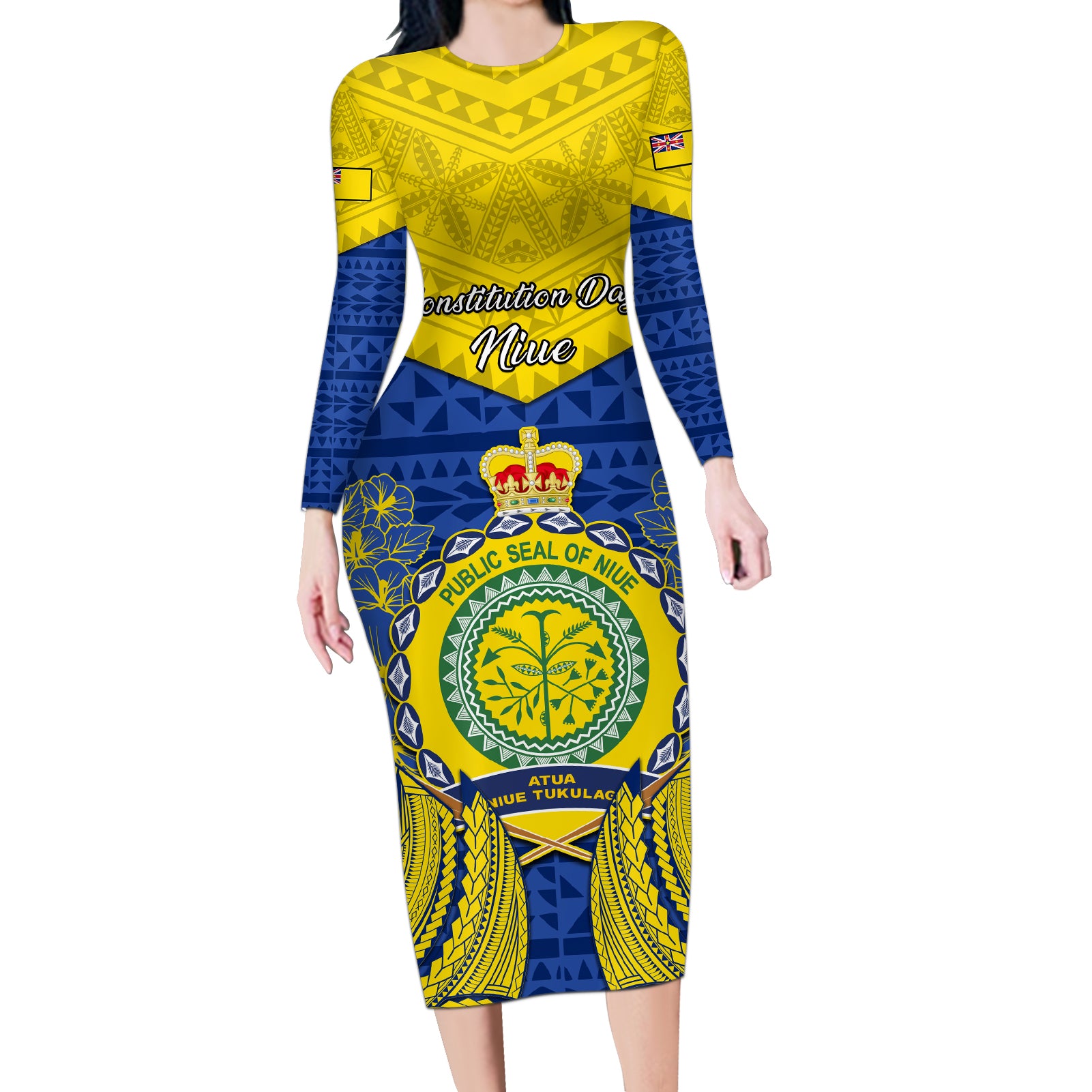 personalized-niue-constitution-day-long-sleeve-bodycon-dress-coat-of-arms-niuean-hiapo-pattern