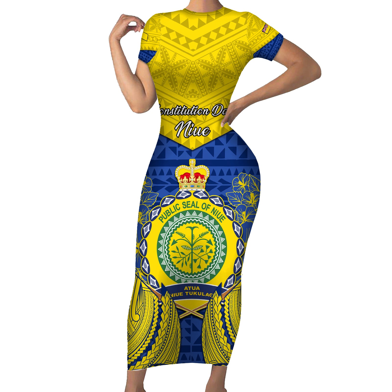 personalized-niue-constitution-day-short-sleeve-bodycon-dress-coat-of-arms-niuean-hiapo-pattern