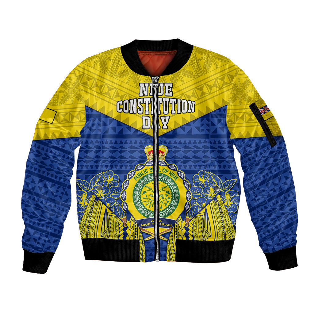 personalized-niue-constitution-day-sleeve-zip-bomber-jacket-coat-of-arms-niuean-hiapo-pattern