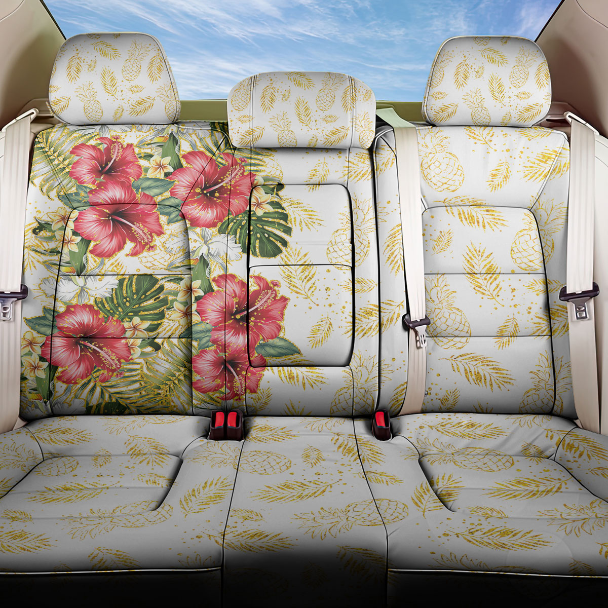 Hawaii Discoverers Day Back Car Seat Cover Tropical Hibiscus Glitter White LT05 One Size White - Polynesian Pride