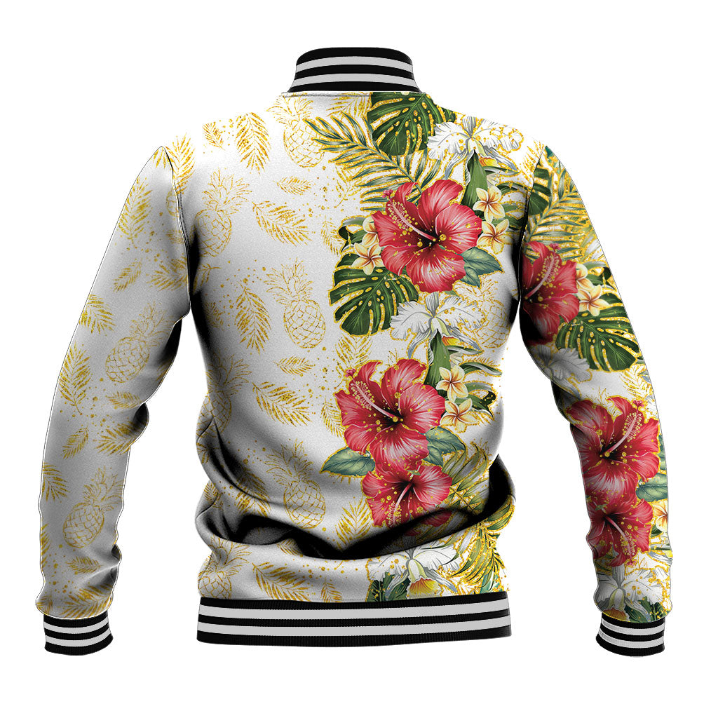 Hawaii Discoverers Day Baseball Jacket Tropical Hibiscus Glitter White LT05 - Polynesian Pride