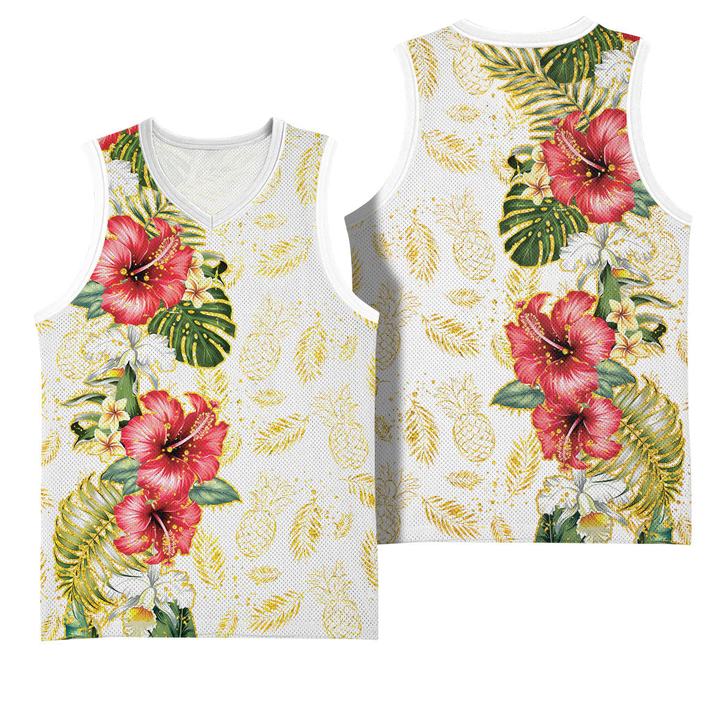 Hawaii Discoverers Day Basketball Jersey Tropical Hibiscus Glitter White LT05 - Polynesian Pride