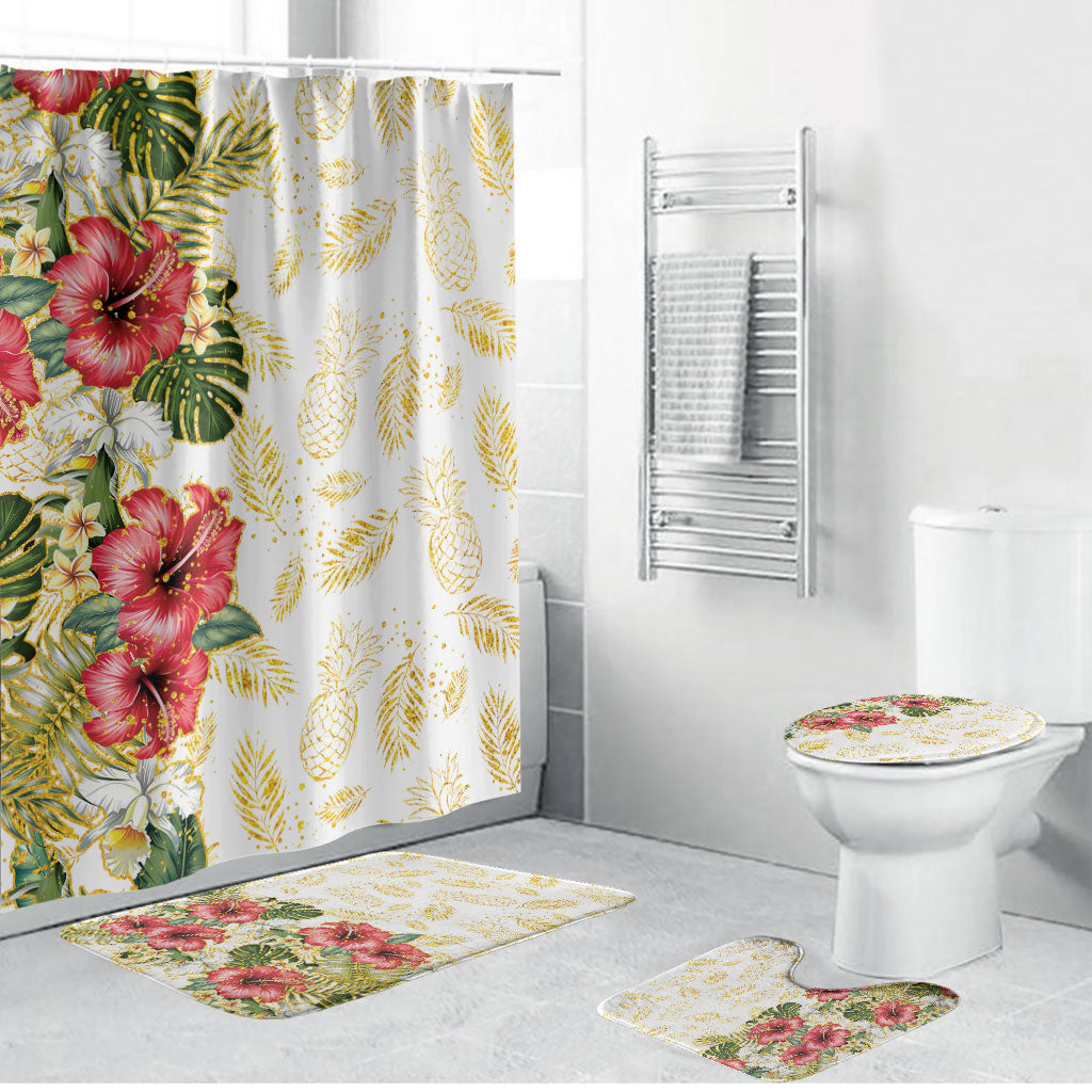 Hawaii Discoverers Day Bathroom Set Tropical Hibiscus Glitter White LT05 Bathroom Set (4 pcs) White - Polynesian Pride