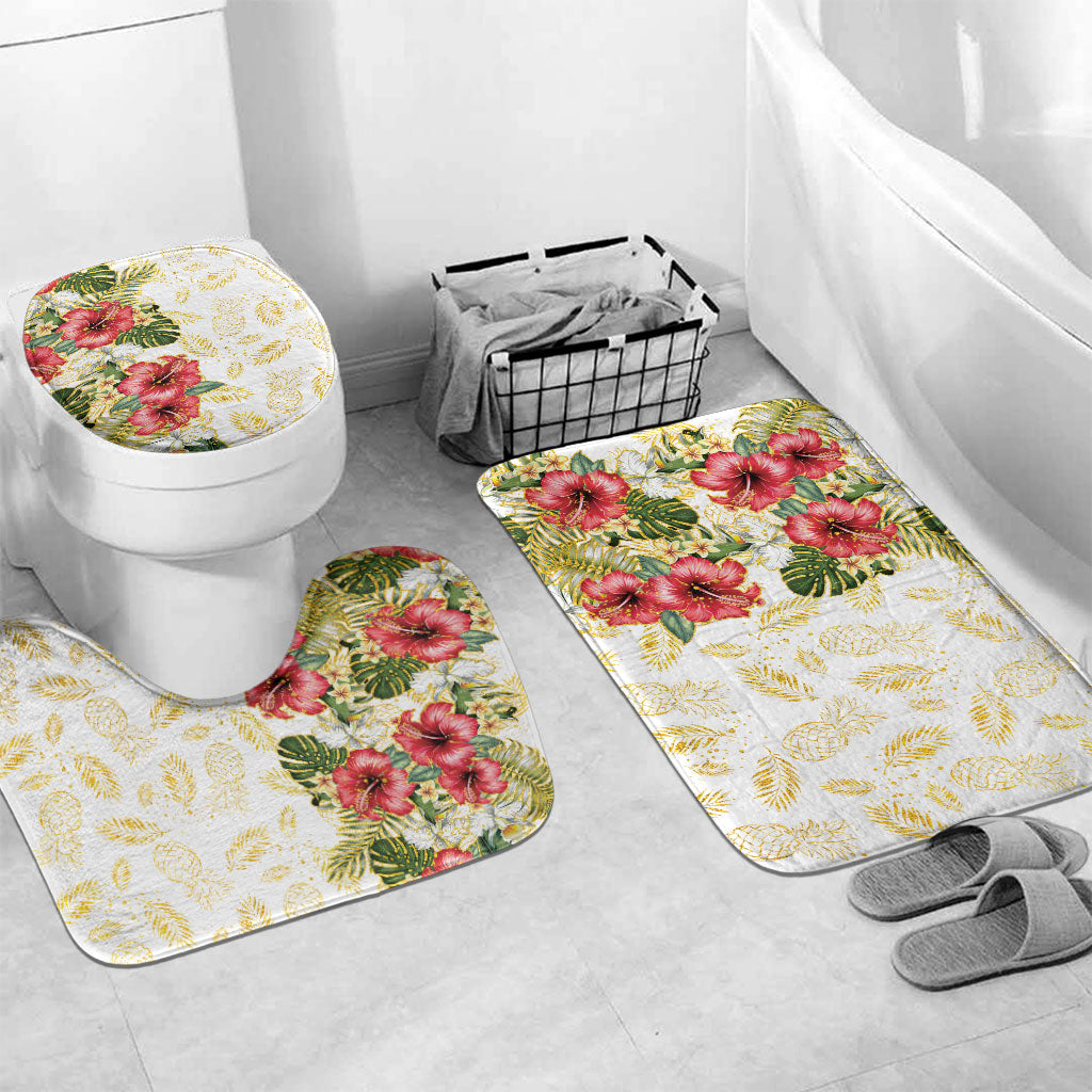 Hawaii Discoverers Day Bathroom Set Tropical Hibiscus Glitter White LT05 Mat Set Only (3 pcs) One Size White - Polynesian Pride