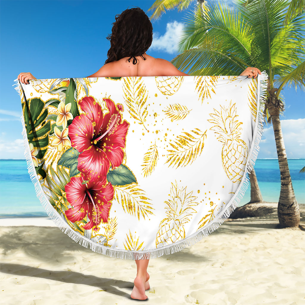 Hawaii Discoverers Day Beach Blanket Tropical Hibiscus Glitter White LT05 - Polynesian Pride