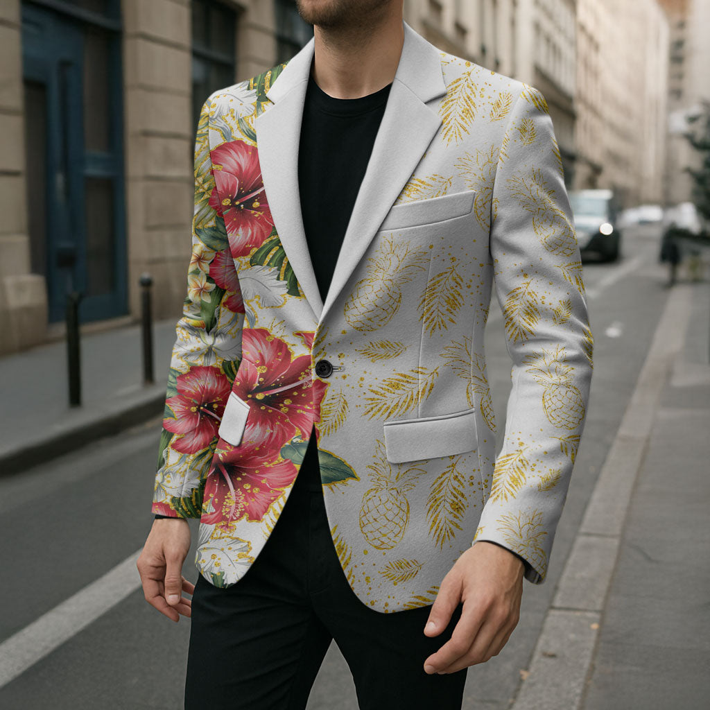 Hawaii Discoverers Day Blazer Tropical Hibiscus Glitter White LT05 - Polynesian Pride