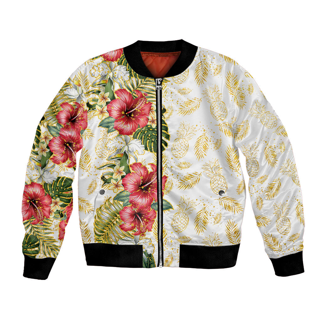 Hawaii Discoverers Day Bomber Jacket Tropical Hibiscus Glitter White LT05 Unisex White - Polynesian Pride