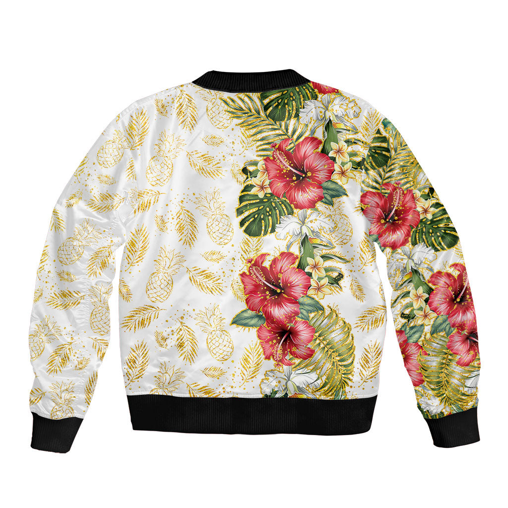 Hawaii Discoverers Day Bomber Jacket Tropical Hibiscus Glitter White LT05 - Polynesian Pride