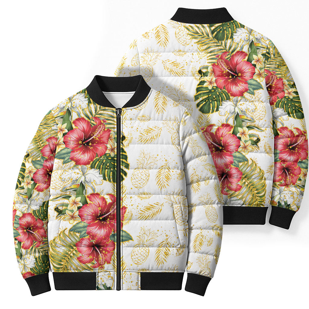 Hawaii Discoverers Day Bomber Puffer Jacket Tropical Hibiscus Glitter White LT05 - Polynesian Pride