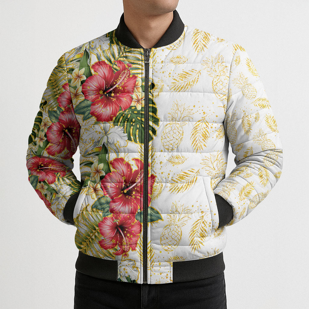 Hawaii Discoverers Day Bomber Puffer Jacket Tropical Hibiscus Glitter White LT05 - Polynesian Pride