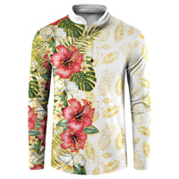 Hawaii Discoverers Day Button Sweatshirt Tropical Hibiscus Glitter White LT05 White - Polynesian Pride