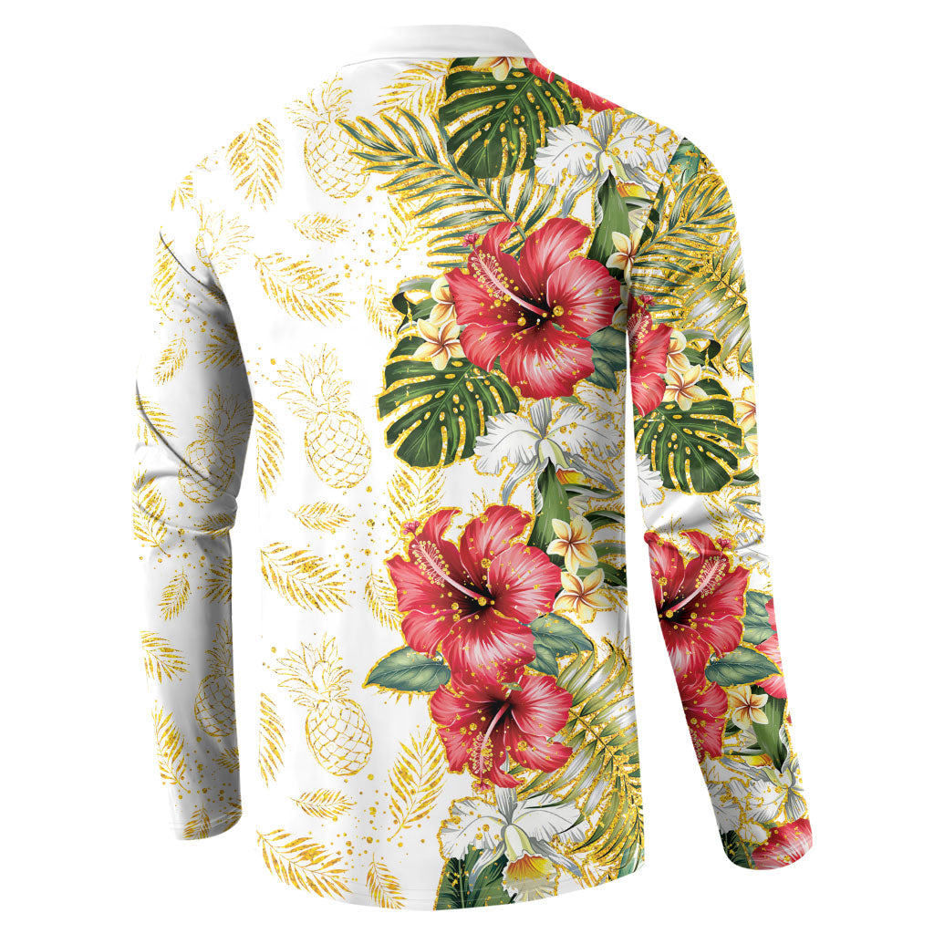 Hawaii Discoverers Day Button Sweatshirt Tropical Hibiscus Glitter White LT05 - Polynesian Pride