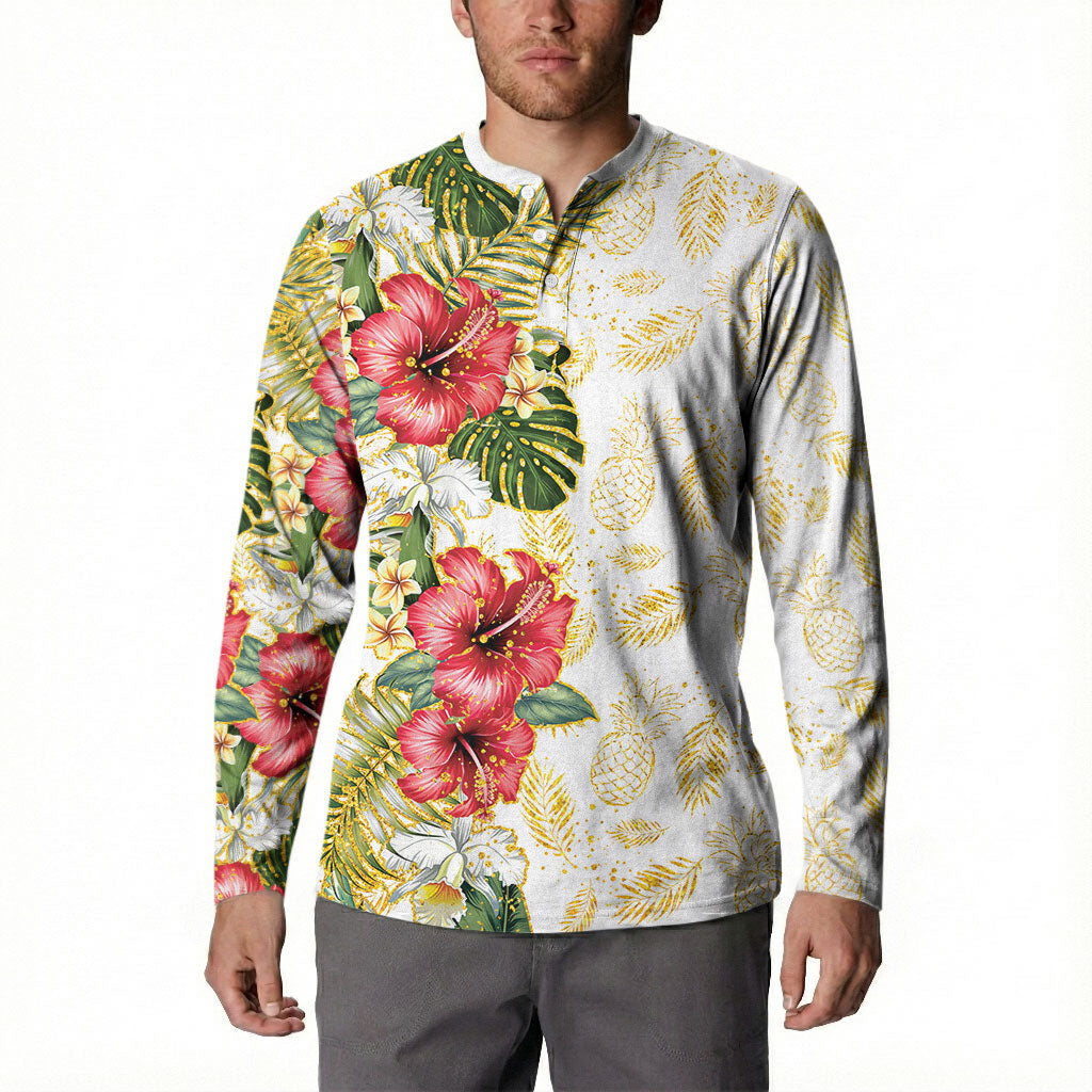 Hawaii Discoverers Day Button Sweatshirt Tropical Hibiscus Glitter White LT05 - Polynesian Pride