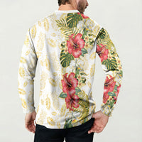 Hawaii Discoverers Day Button Sweatshirt Tropical Hibiscus Glitter White LT05 - Polynesian Pride
