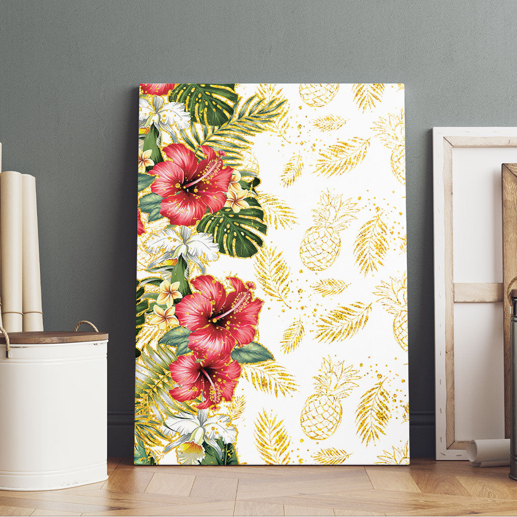 Hawaii Discoverers Day Canvas Wall Art Tropical Hibiscus Glitter White LT05 - Polynesian Pride