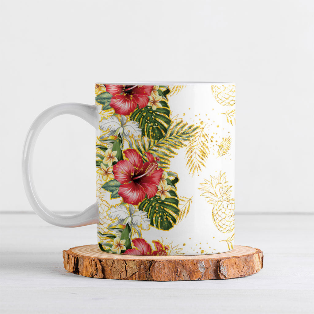 Hawaii Discoverers Day Ceramic Mug Tropical Hibiscus Glitter White LT05 White - Polynesian Pride