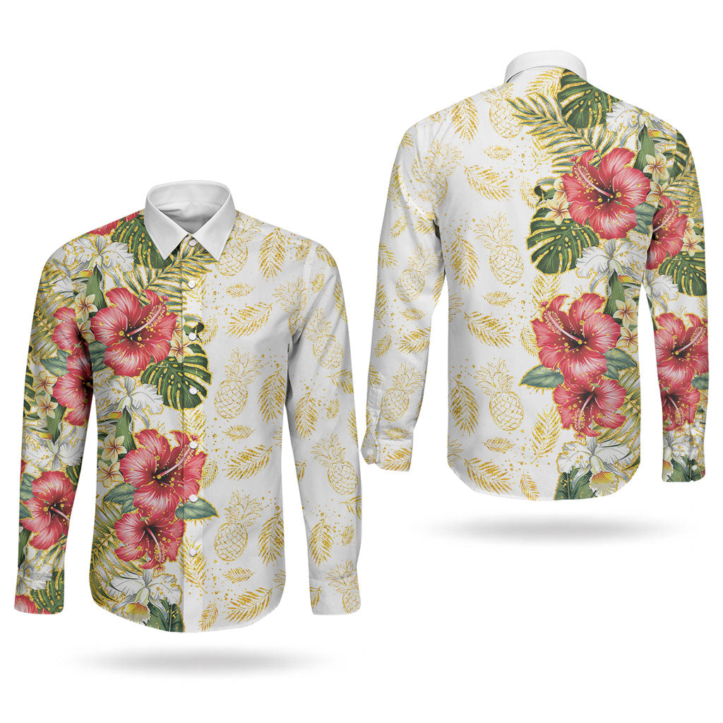 Hawaii Discoverers Day Couples Matching Off Shoulder Short Dress and Long Sleeve Button Shirt Tropical Hibiscus Glitter White LT05 - Polynesian Pride