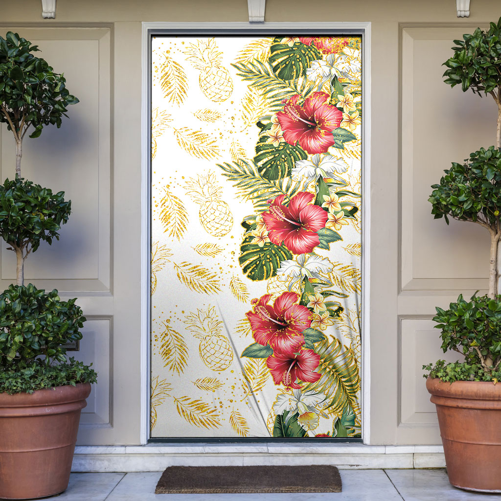 Hawaii Discoverers Day Door Cover Tropical Hibiscus Glitter White