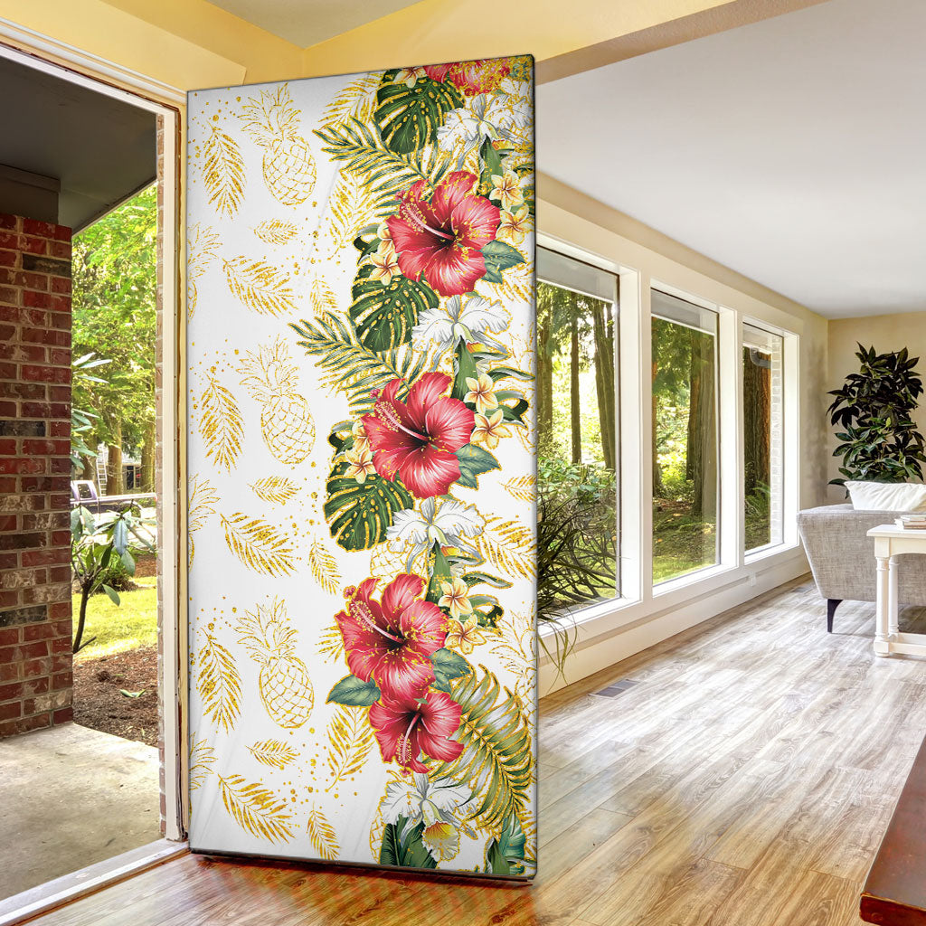 Hawaii Discoverers Day Door Cover Tropical Hibiscus Glitter White