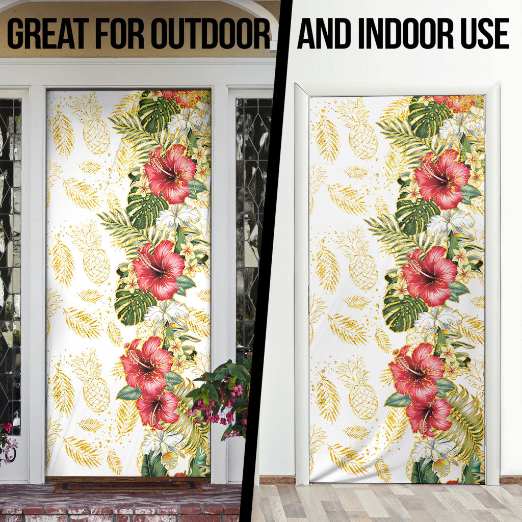 Hawaii Discoverers Day Door Cover Tropical Hibiscus Glitter White