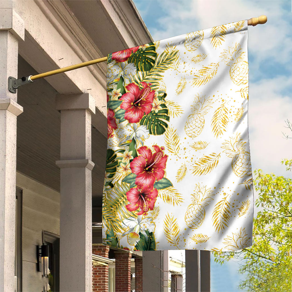 Hawaii Discoverers Day Garden Flag Tropical Hibiscus Glitter White